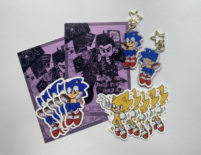 Mini prints, stickers and acrylic keychains of my designs